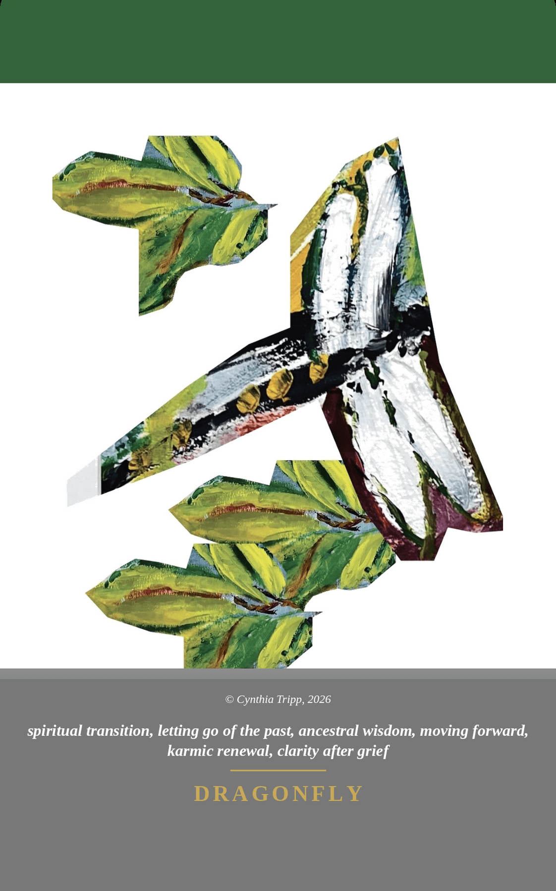 Dragonfly — spiritual transition, letting go of the past, ancestral wisdom, moving forward, karmic renewal, clarity after grief. Symbol deck.